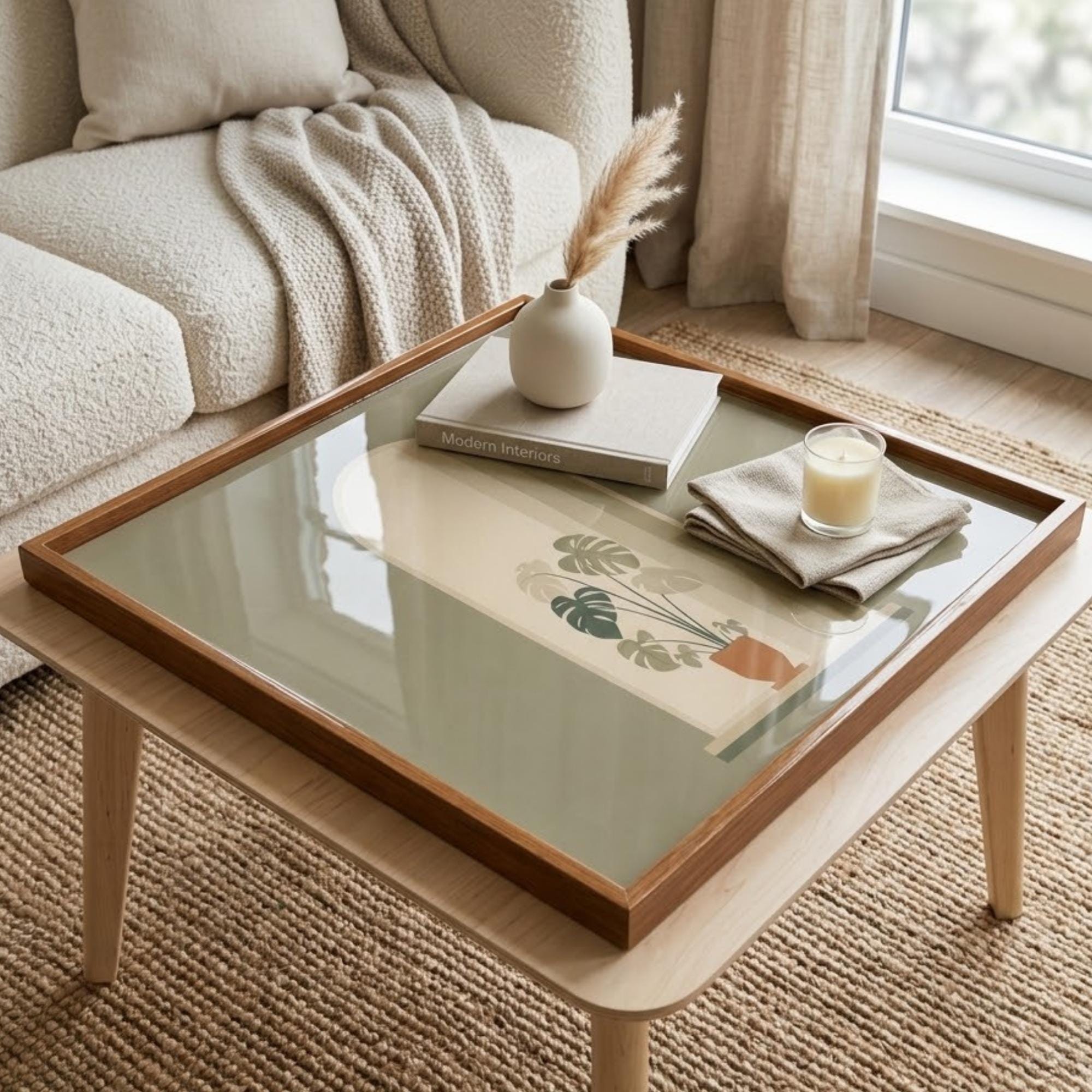 Square Serving Tray, Neutral Botanical Tray, Modern Ottoman Coffee Table Tray, Handmade Resin Wood Tray, Japandi Home Decor