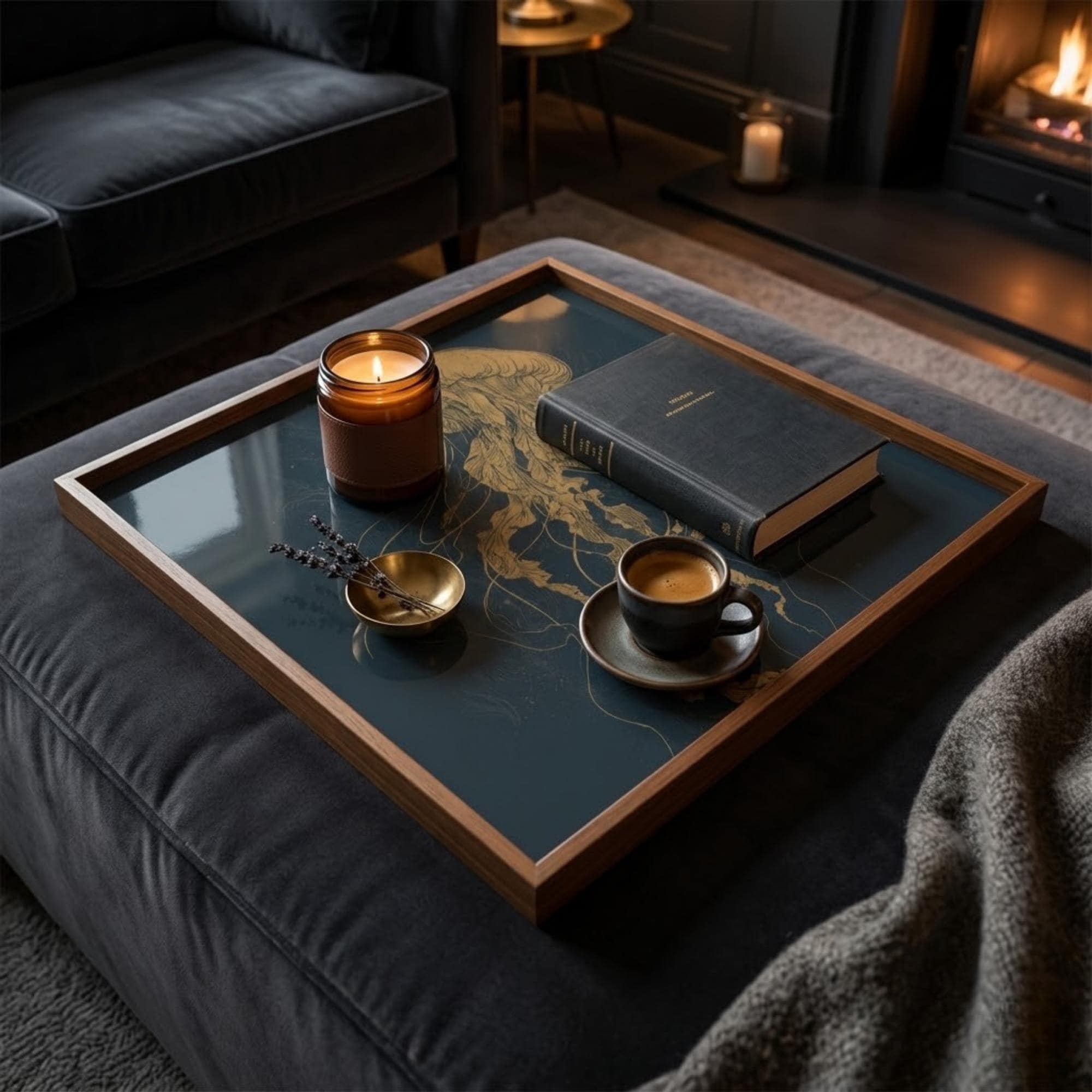 Square Serving Tray, Dark Academia Tray, Black Gold Ottoman Tray, Coffee Table Tray, Handmade Resin Wood Tray, Luxury Decorative Home Accent
