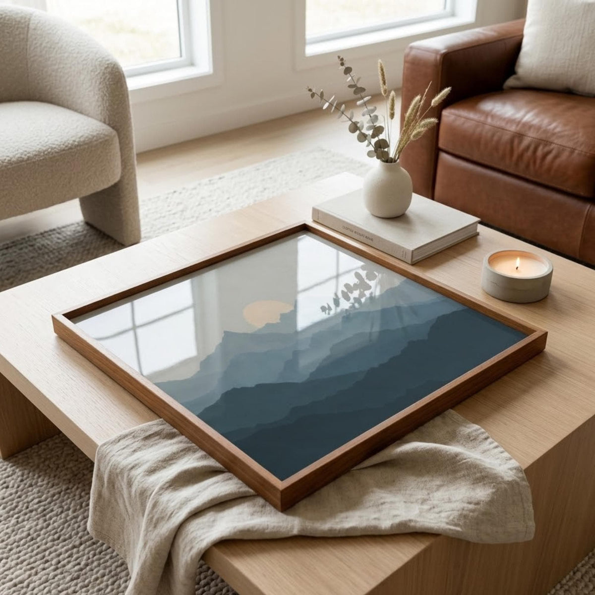 Square Serving Tray, Minimalist Mountain Landscape Tray, Ottoman Coffee Table Tray, Handmade Resin Wood Tray, Modern Japandi Home Decor