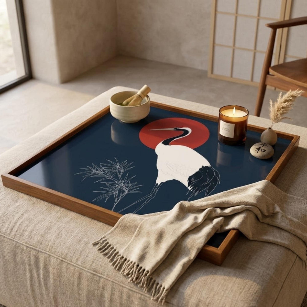 Square Serving Tray, Japanese Crane Tray, Japandi Ottoman Tray, Coffee Table Tray, Handmade Resin Wood Tray, Asian Home Decor Accent