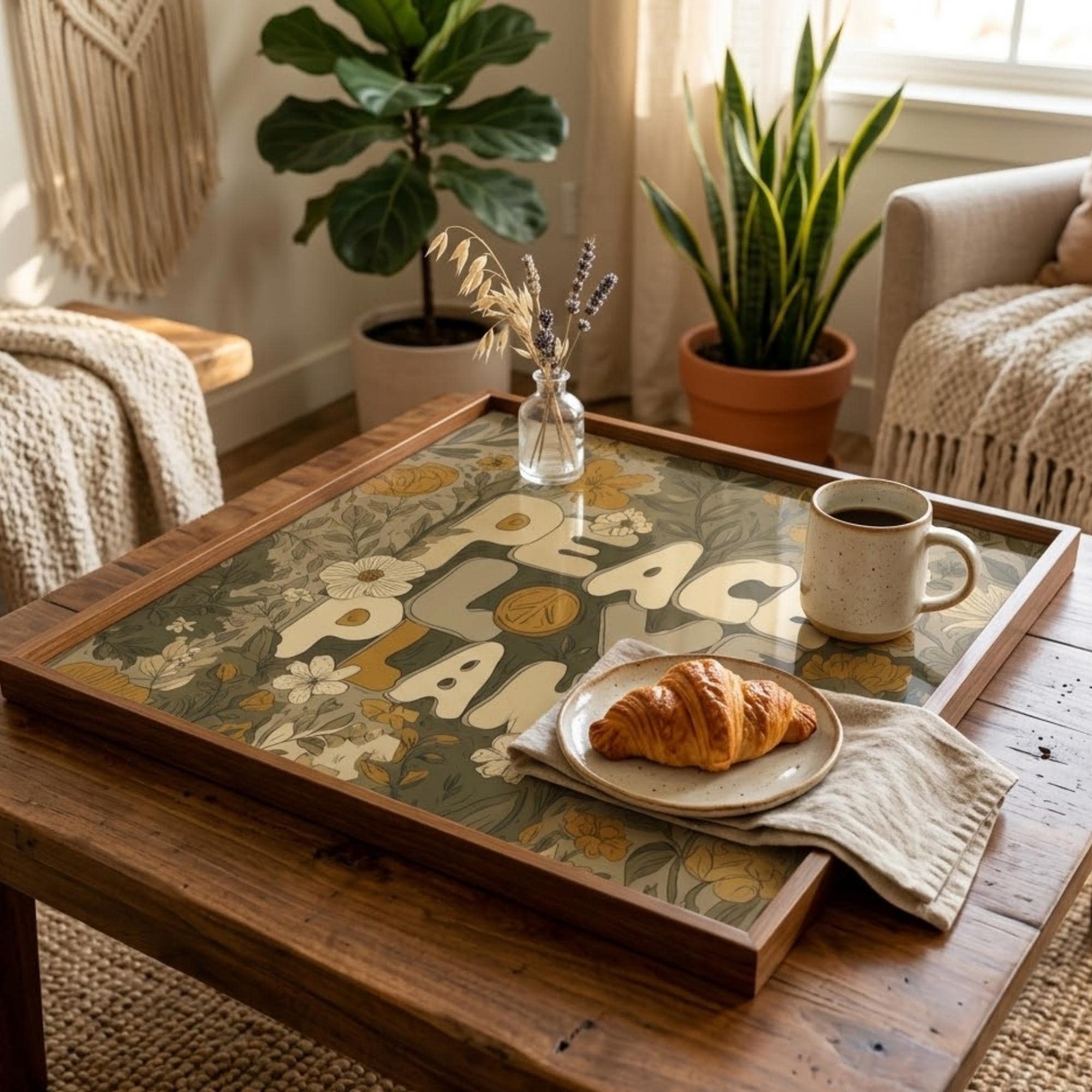 Square Serving Tray, Plant Mama Tray, Plant Lover Gift, Ottoman Coffee Table Tray, Handmade Resin Wood Decor