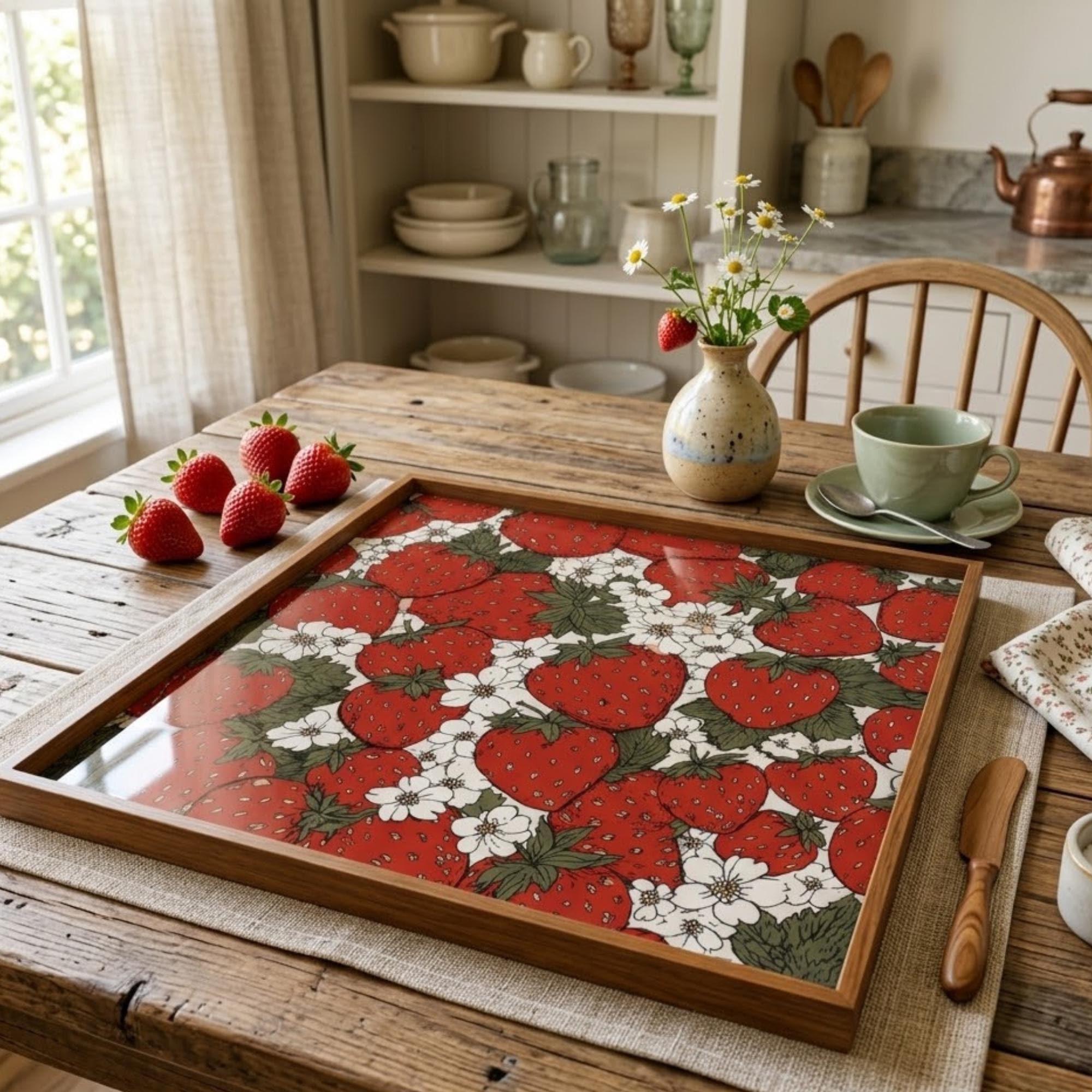 Square Serving Tray, Holiday Berry Tray, Christmas Ottoman Tray, Coffee Table Tray, Handmade Resin Wood Decor