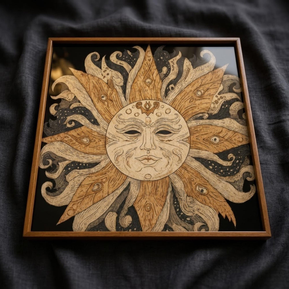 Square Serving Tray, Boho Sun Tray, Celestial Ottoman Tray, Coffee Table Tray, Handmade Resin Wood Decor