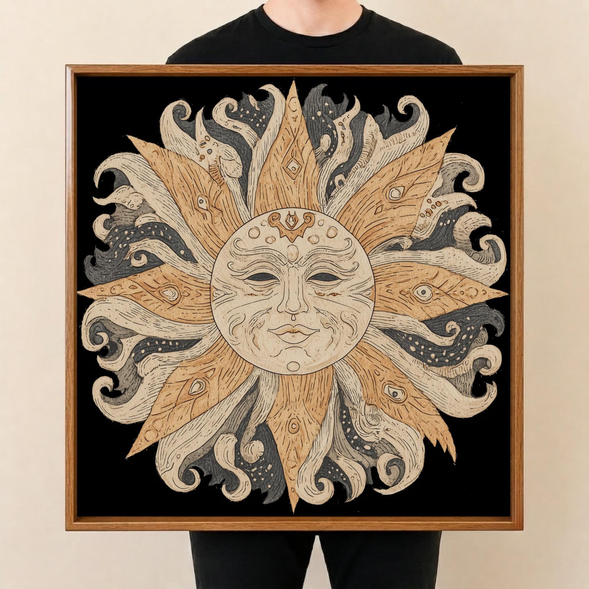 Square Serving Tray, Boho Sun Tray, Celestial Ottoman Tray, Coffee Table Tray, Handmade Resin Wood Decor