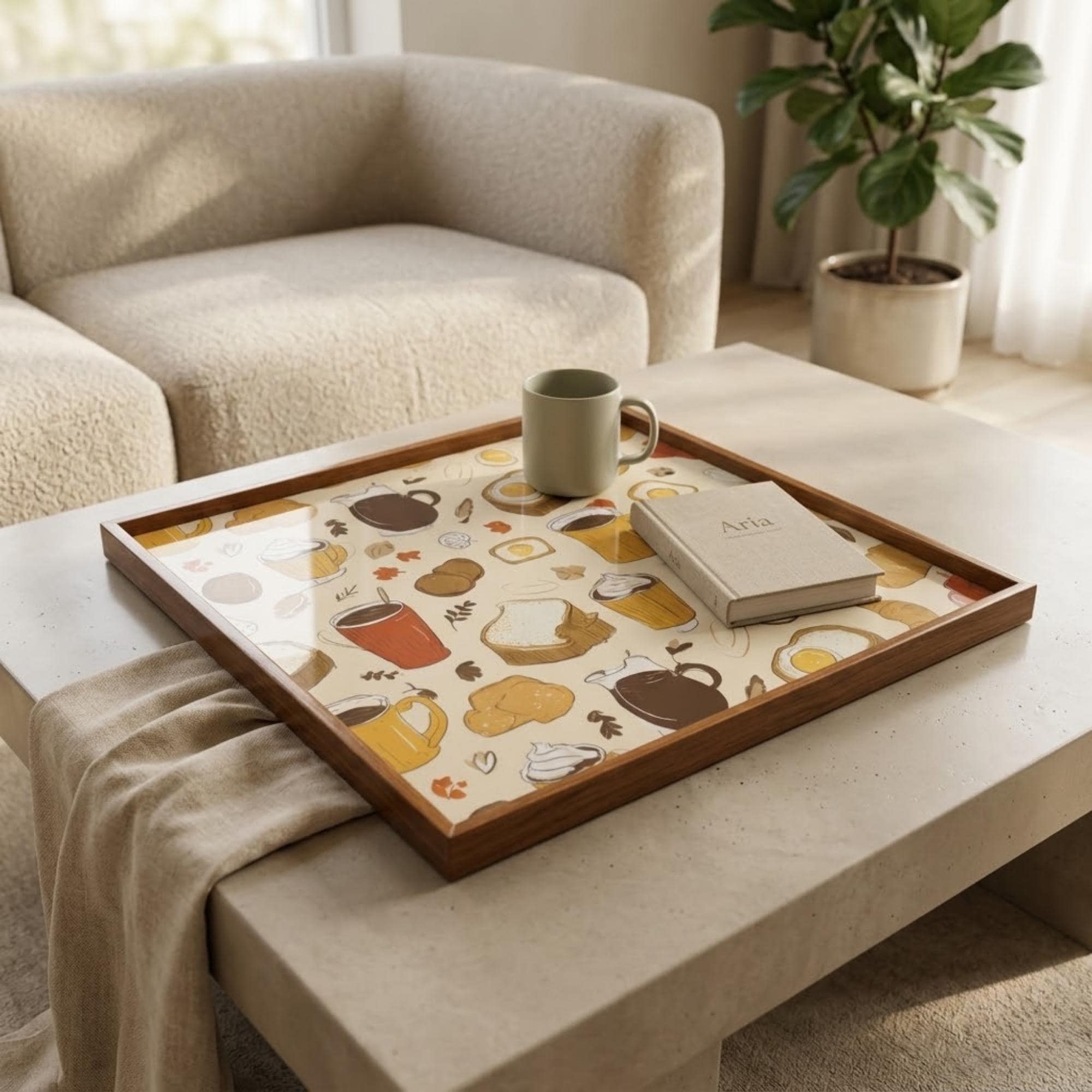 Square Serving Tray, Coffee Mug Tray, Breakfast In Bed Tray, Ottoman Coffee Table Tray, Handmade Resin Wood Decor