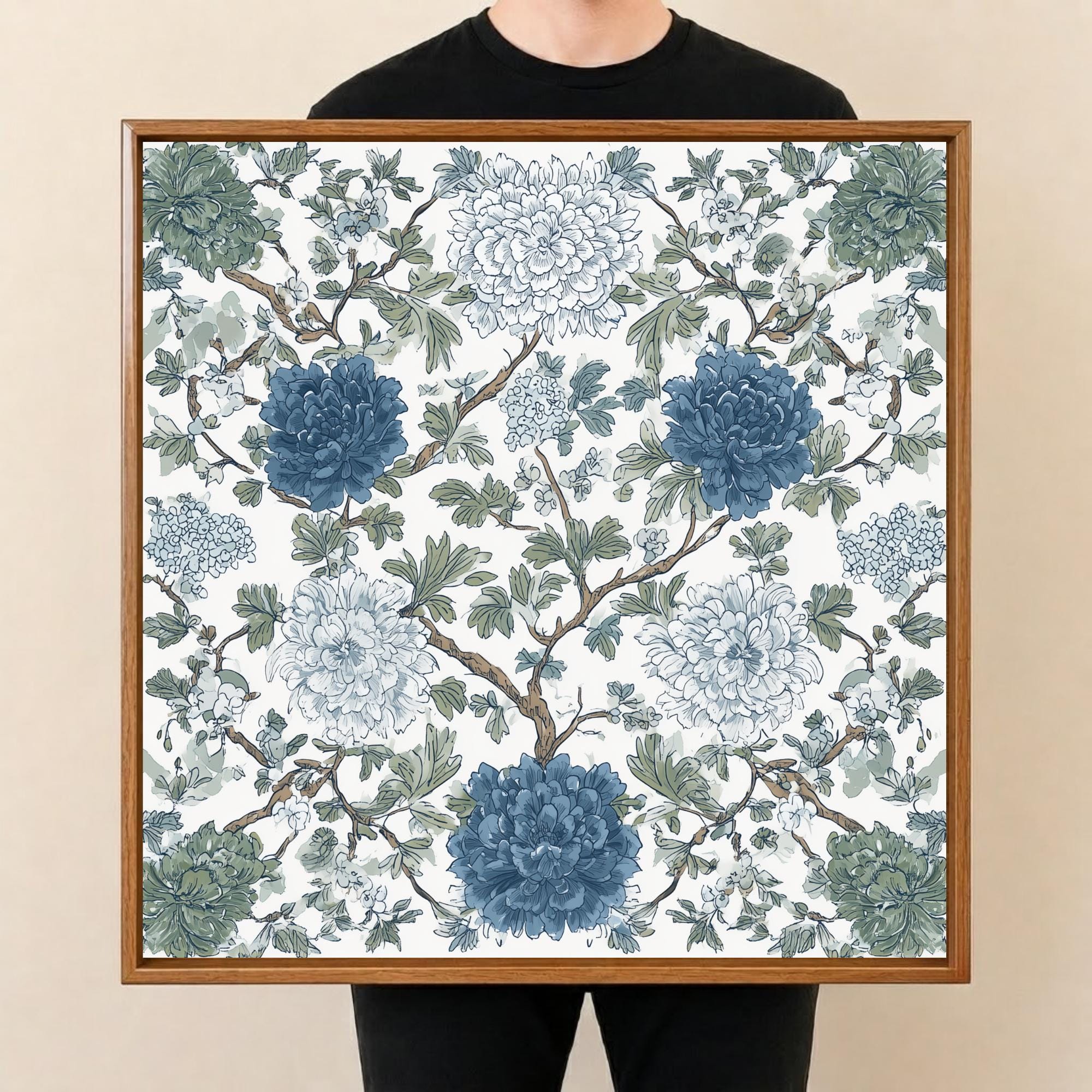 Square Serving Tray, Blue Floral Tray, Ottoman Coffee Table Tray, Handmade Resin Wood Tray, Cottagecore Home Decor