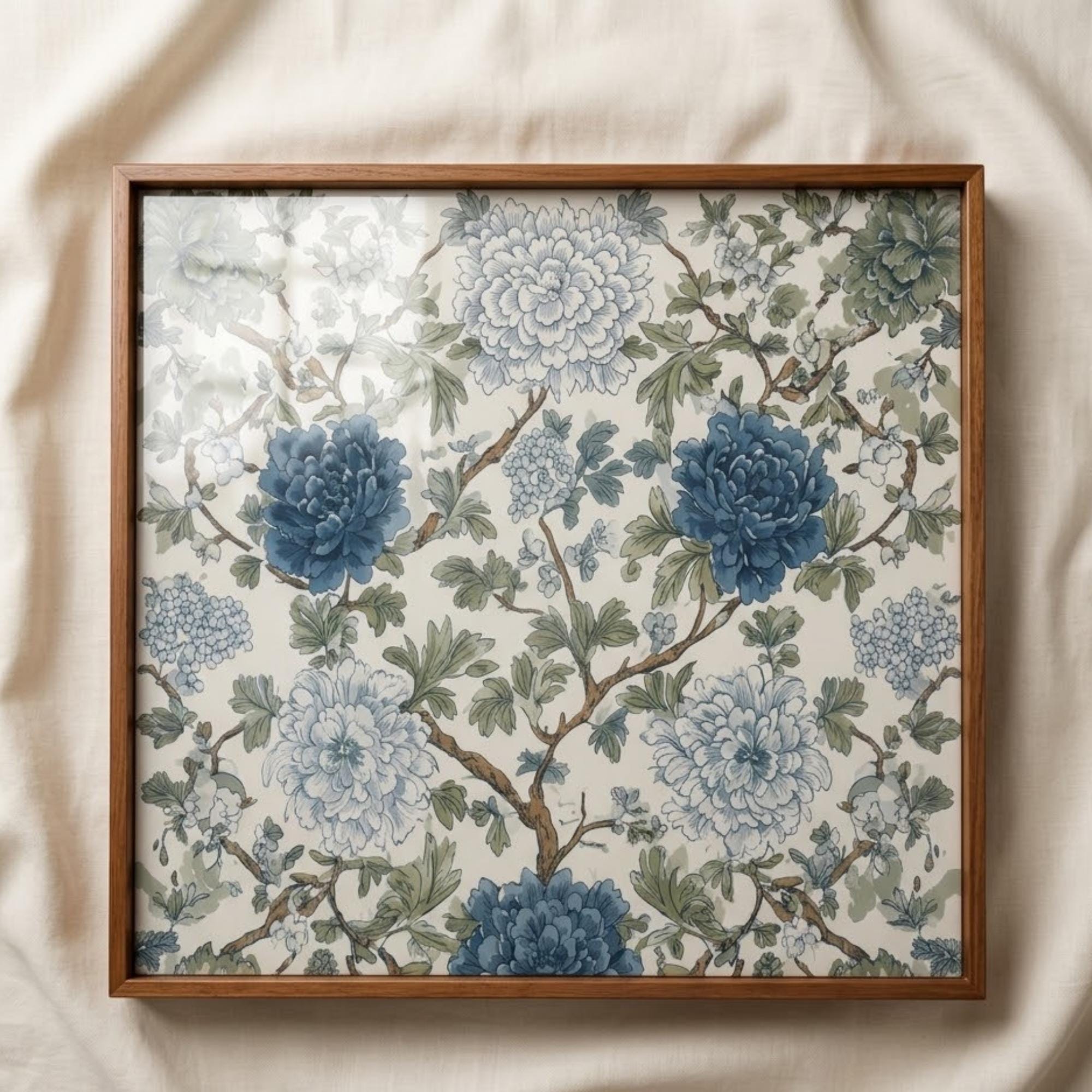 Square Serving Tray, Blue Floral Tray, Ottoman Coffee Table Tray, Handmade Resin Wood Tray, Cottagecore Home Decor