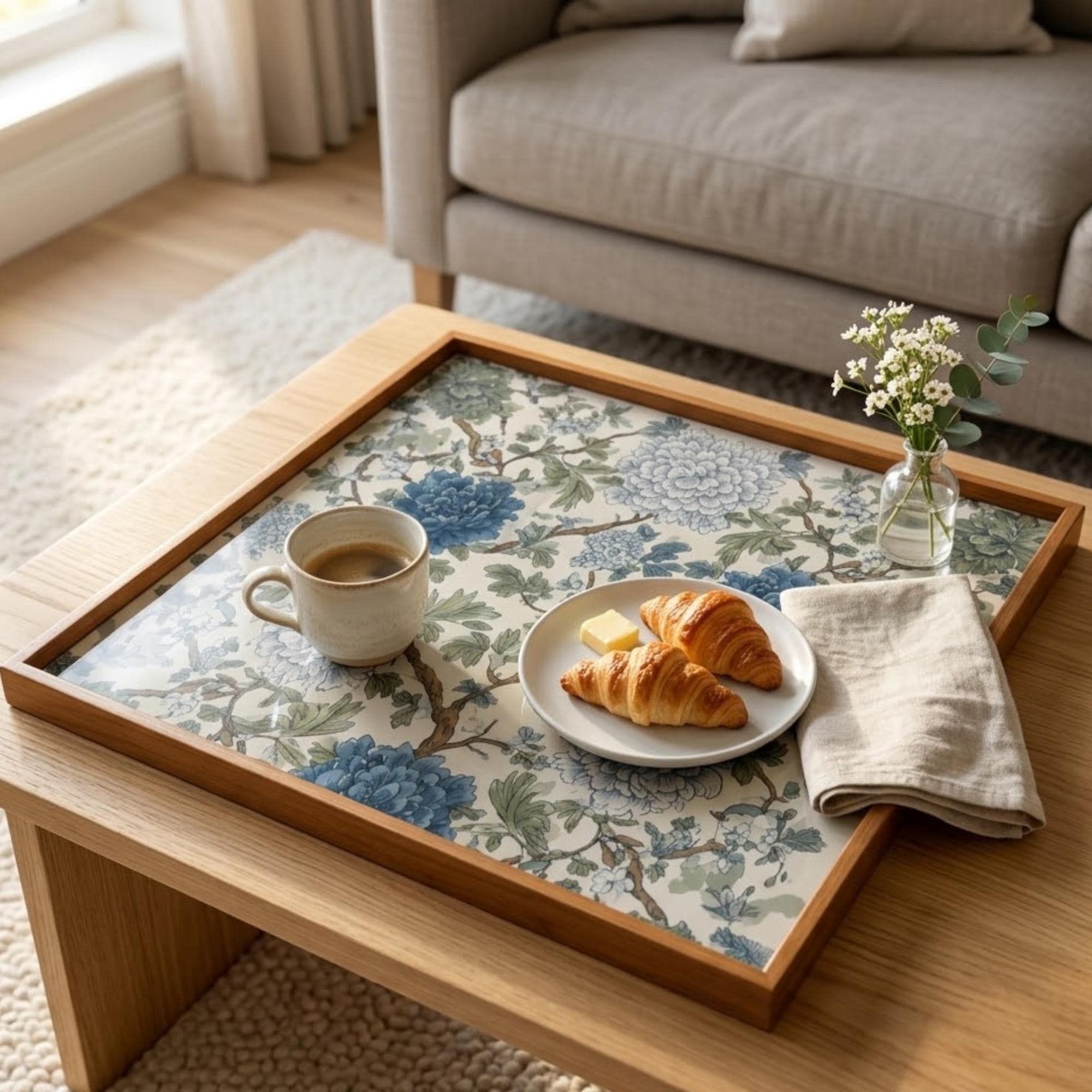 Square Serving Tray, Blue Floral Tray, Ottoman Coffee Table Tray, Handmade Resin Wood Tray, Cottagecore Home Decor