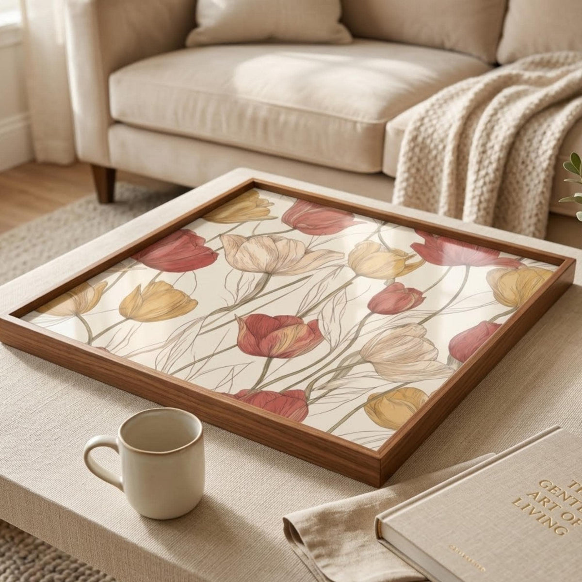 Square Serving Tray, Tulip Floral Tray, Ottoman Coffee Table Tray, Handmade Resin Wood Tray, Spring Home Decor