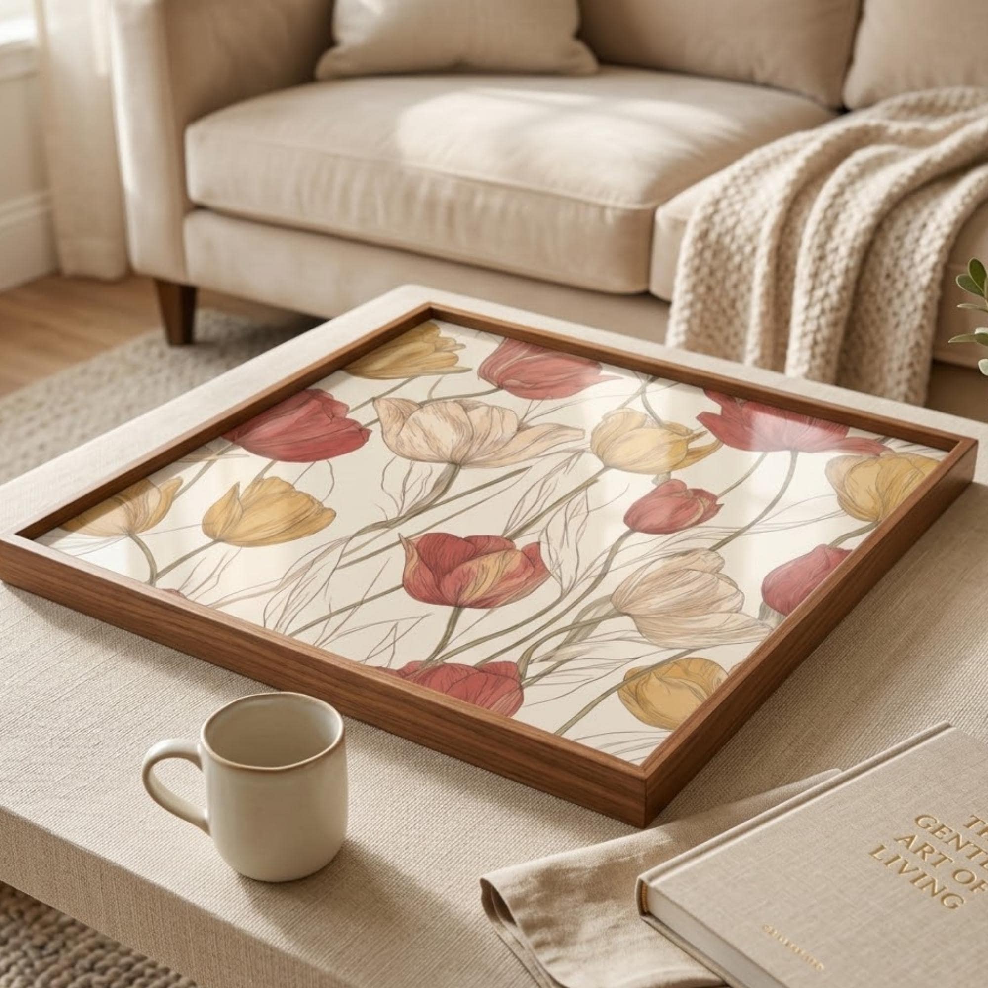Square Serving Tray, Tulip Floral Tray, Ottoman Coffee Table Tray, Handmade Resin Wood Tray, Spring Home Decor