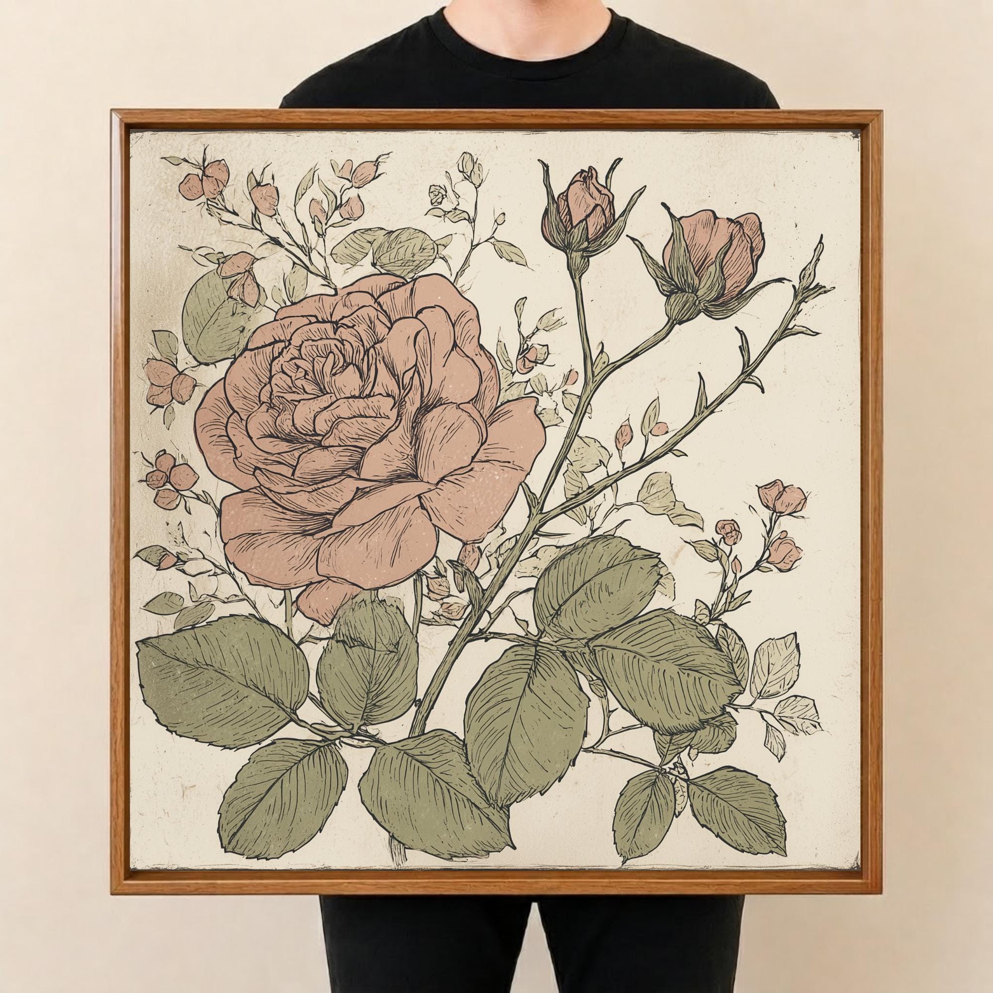 Square Serving Tray, Vintage Rose Tray, Ottoman Coffee Table Tray, Handmade Resin Wood Tray, Botanical Home Decor