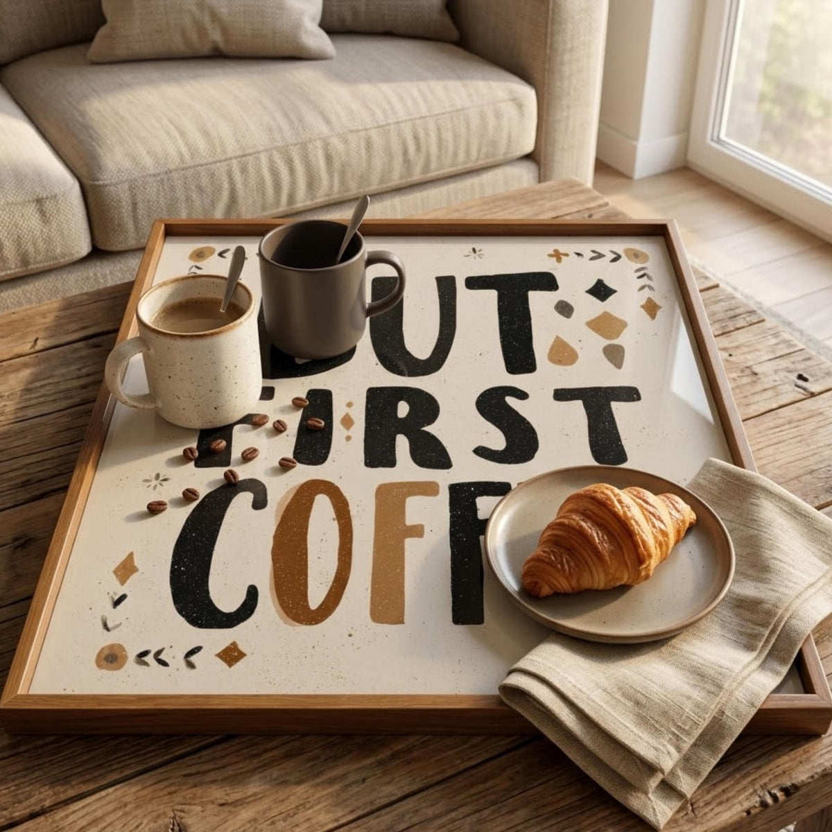 Square Serving Tray, Coffee Lover Tray, Ottoman Coffee Table Tray, Handmade Resin Wood Tray, Coffee Bar Decor