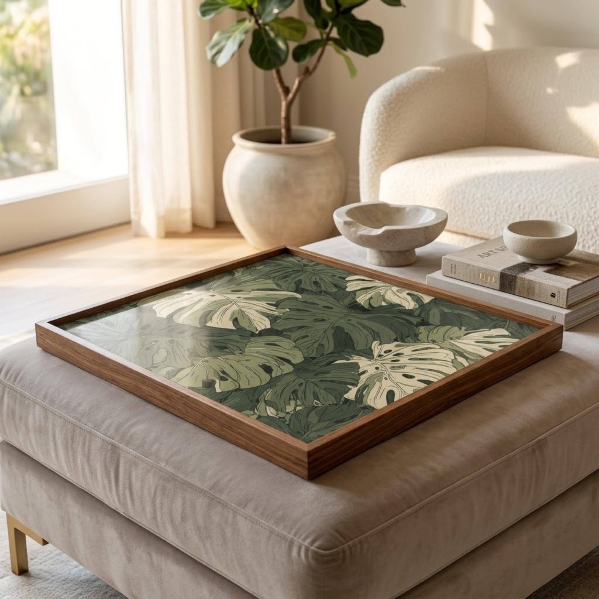 Square Serving Tray, Monstera Leaf Tray, Ottoman Coffee Table Tray, Handmade Resin Wood Tray, Tropical Home Decor