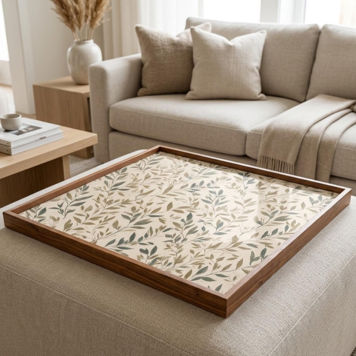 Square Serving Tray, Botanical Leaf Tray, Ottoman Coffee Table Tray, Handmade Resin Wood Tray, Nature Home Decor