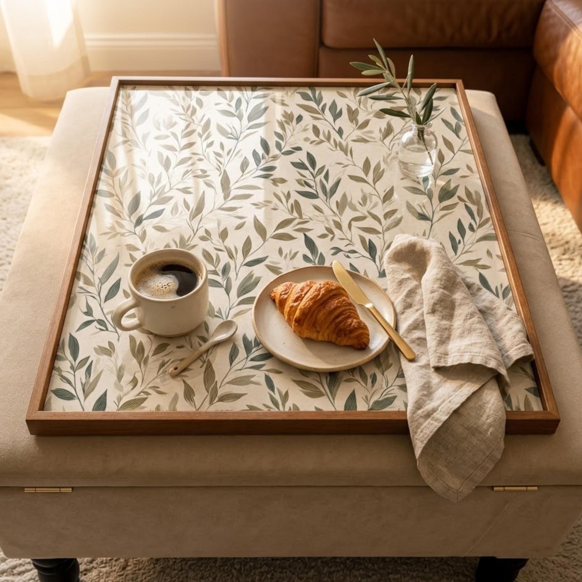 Square Serving Tray, Botanical Leaf Tray, Ottoman Coffee Table Tray, Handmade Resin Wood Tray, Nature Home Decor