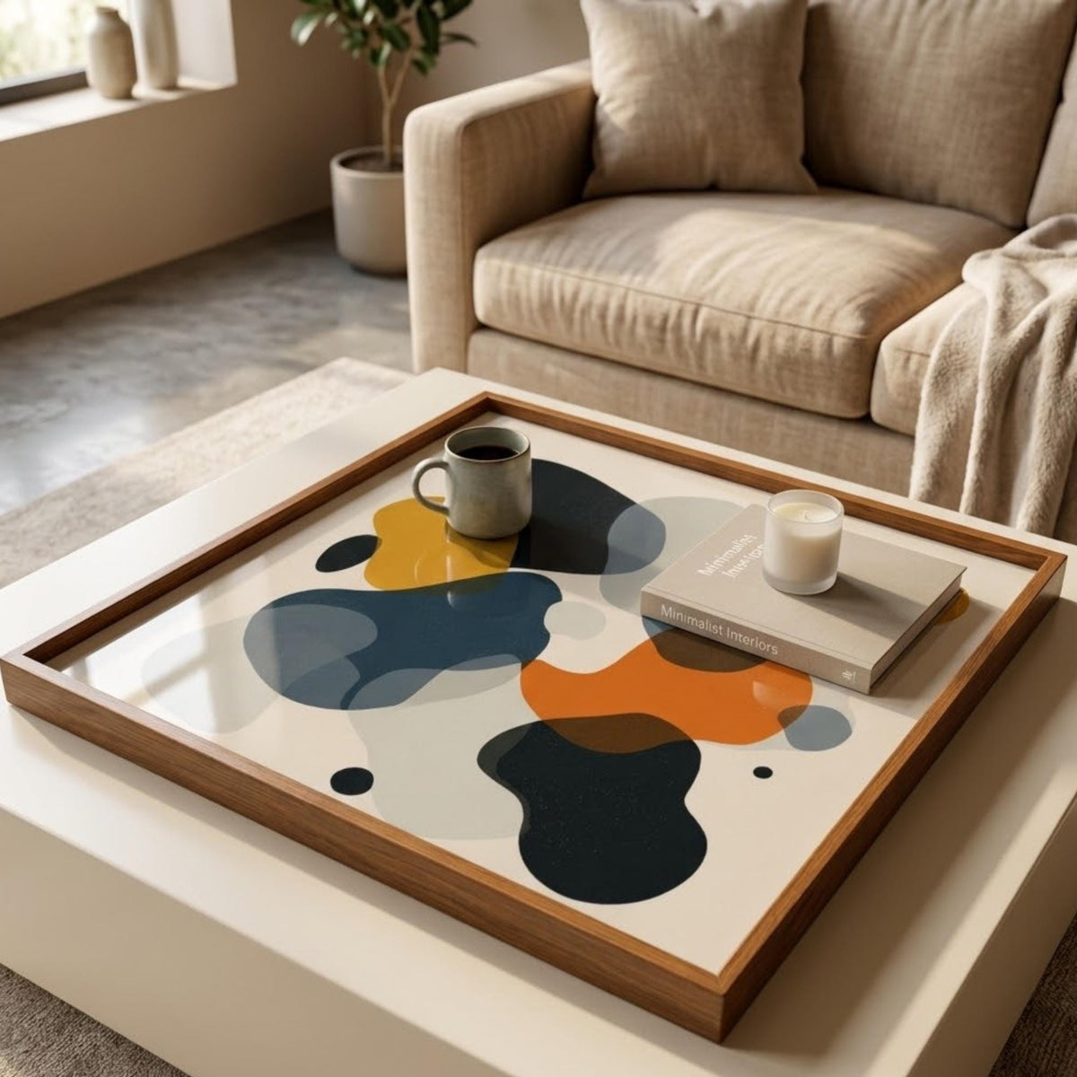 Square Serving Tray, Mid Century Modern Tray, Ottoman Coffee Table Tray, Handmade Resin Wood Tray, Abstract Home Decor