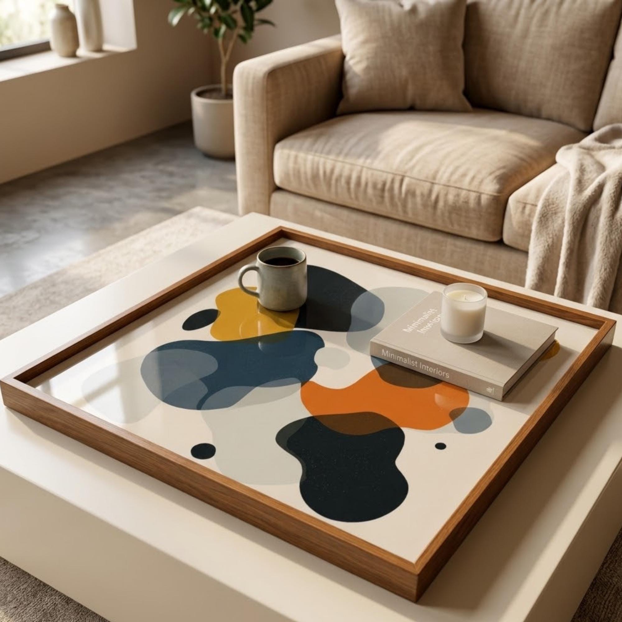 Square Serving Tray, Mid Century Modern Tray, Ottoman Coffee Table Tray, Handmade Resin Wood Tray, Abstract Home Decor