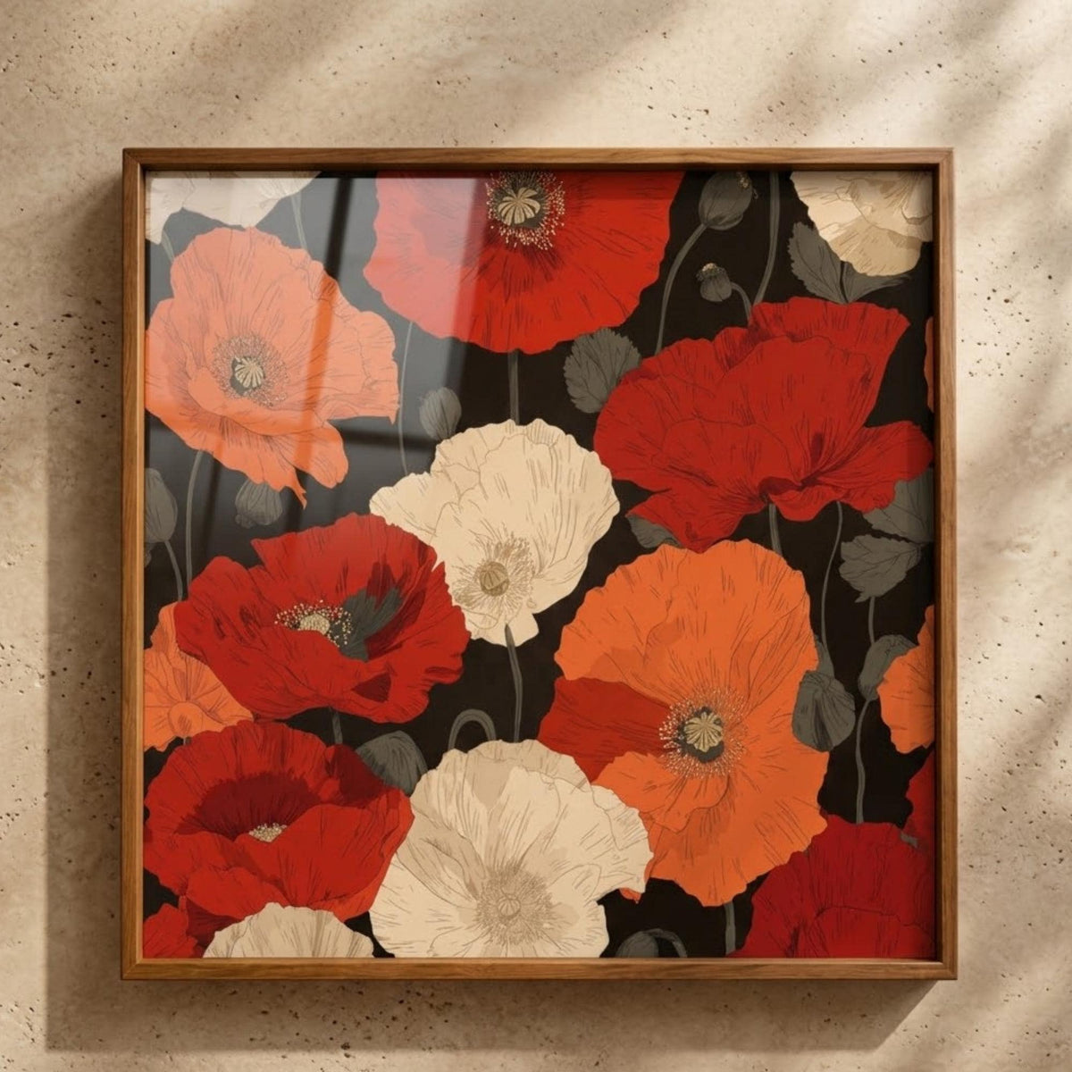 Square Serving Tray, Floral Ottoman Tray, Coffee Table Tray, Handmade Resin Wood Tray, Red Flower Home Decor