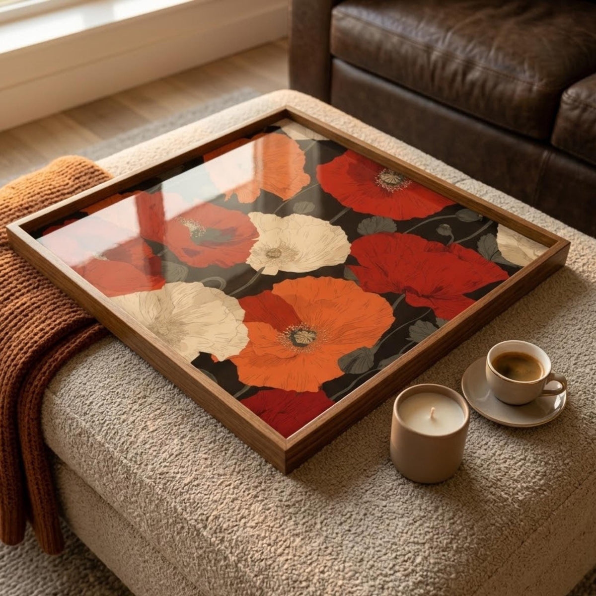 Square Serving Tray, Floral Ottoman Tray, Coffee Table Tray, Handmade Resin Wood Tray, Red Flower Home Decor