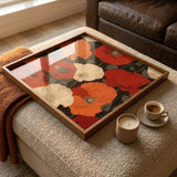 Square Serving Tray, Floral Ottoman Tray, Coffee Table Tray, Handmade Resin Wood Tray, Red Flower Home Decor