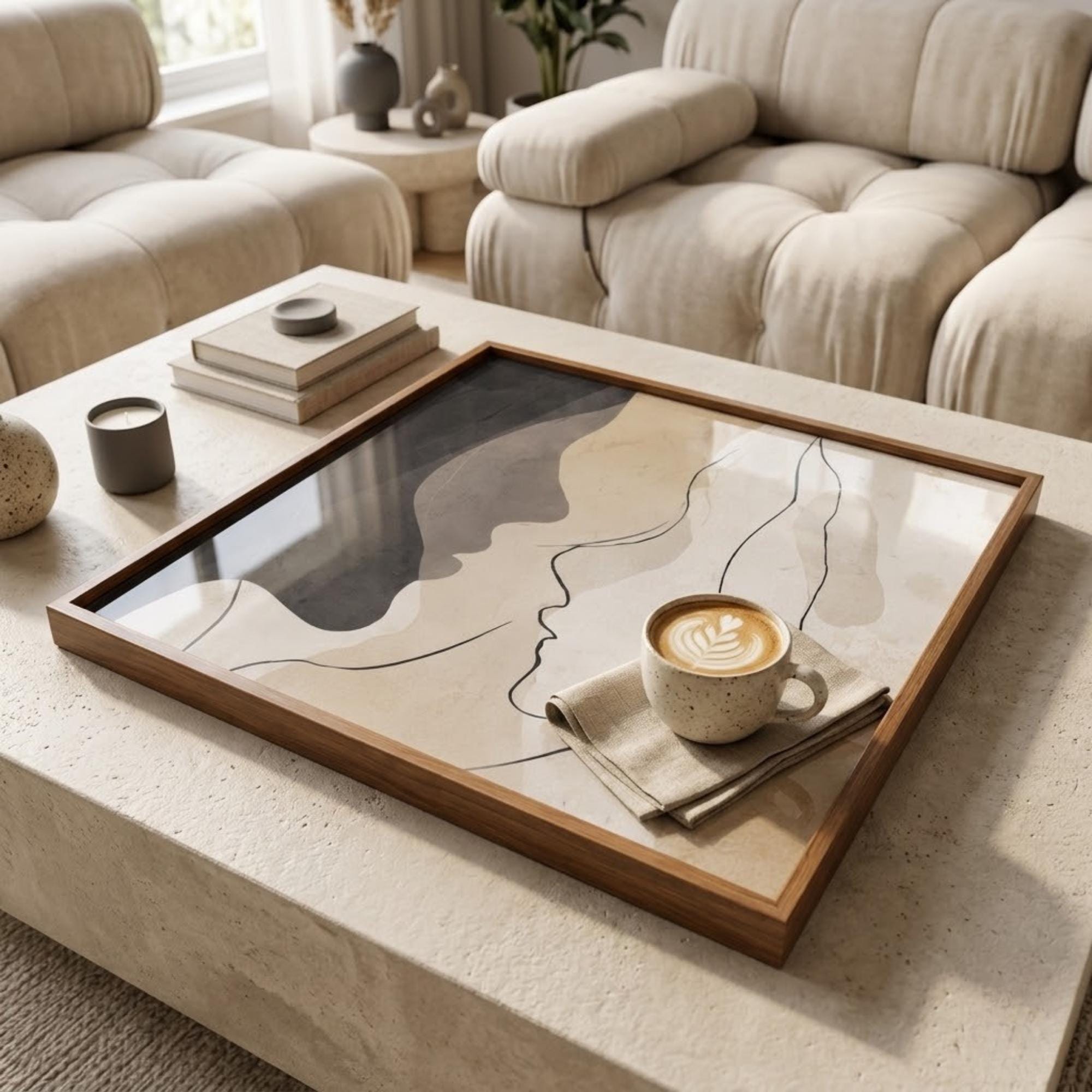 Square Serving Tray, Modern Ottoman Tray, Coffee Table Tray, Handmade Resin Wood Tray, Neutral Home Decor