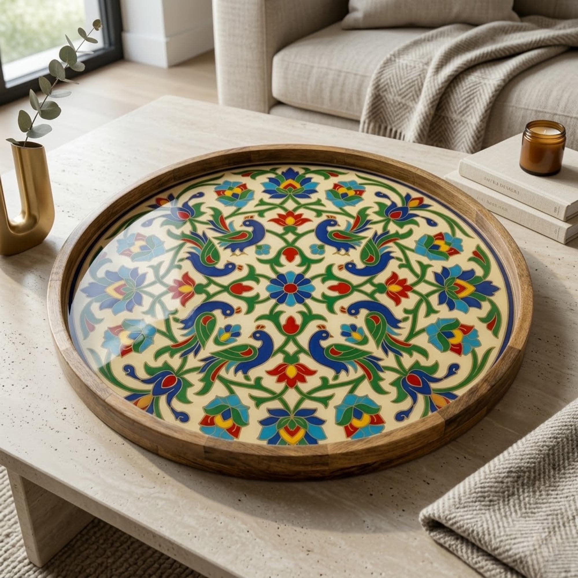 Floral Printed Wooden Serving Platter | Round Tea Coffee Decor | Colorful Home Gift