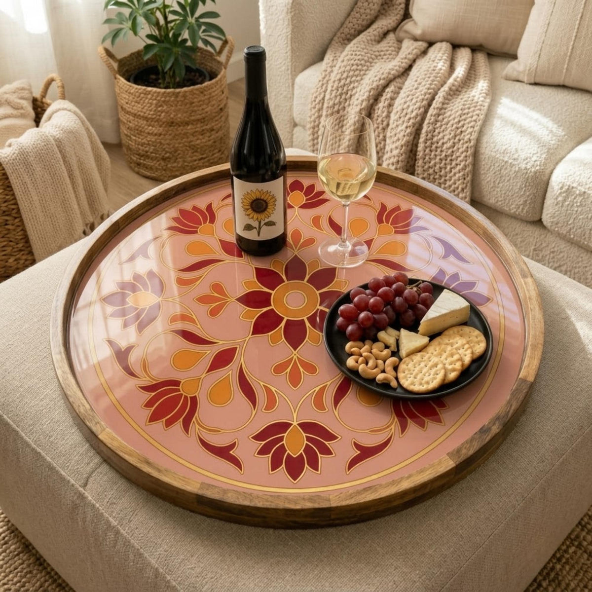 Pink Mandala Serving Tray | Floral Mango Wood Coffee Table Decor
