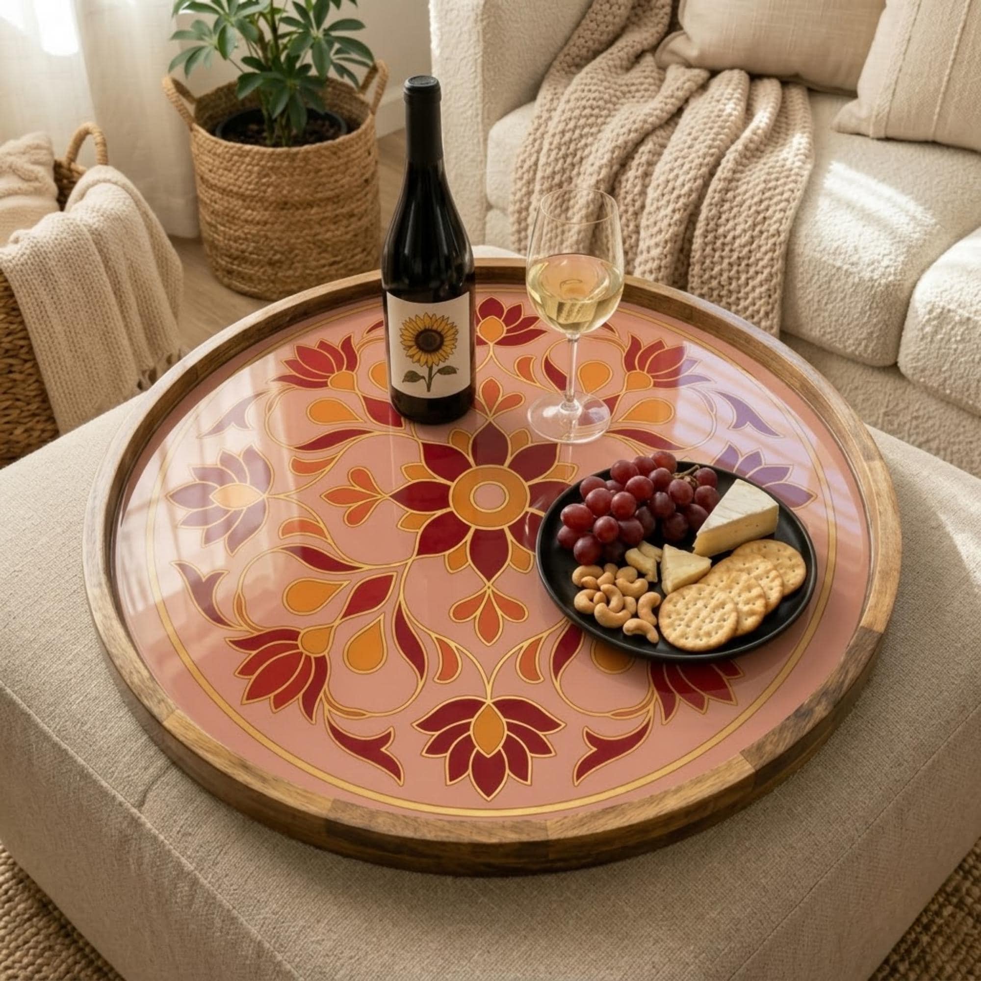 Pink Mandala Serving Tray | Floral Mango Wood Coffee Table Decor