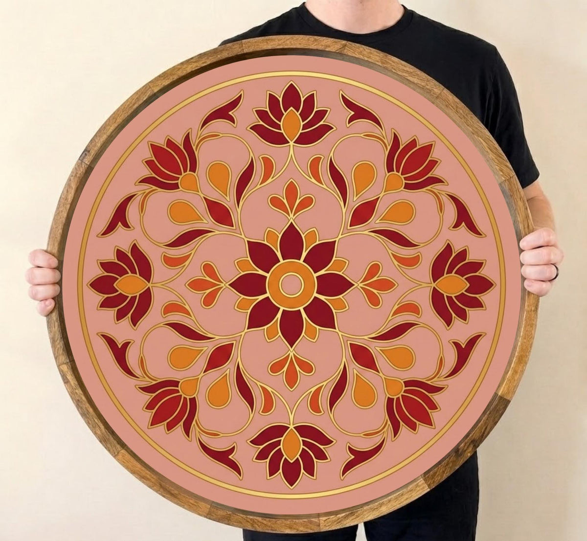 Pink Mandala Serving Tray | Floral Mango Wood Coffee Table Decor