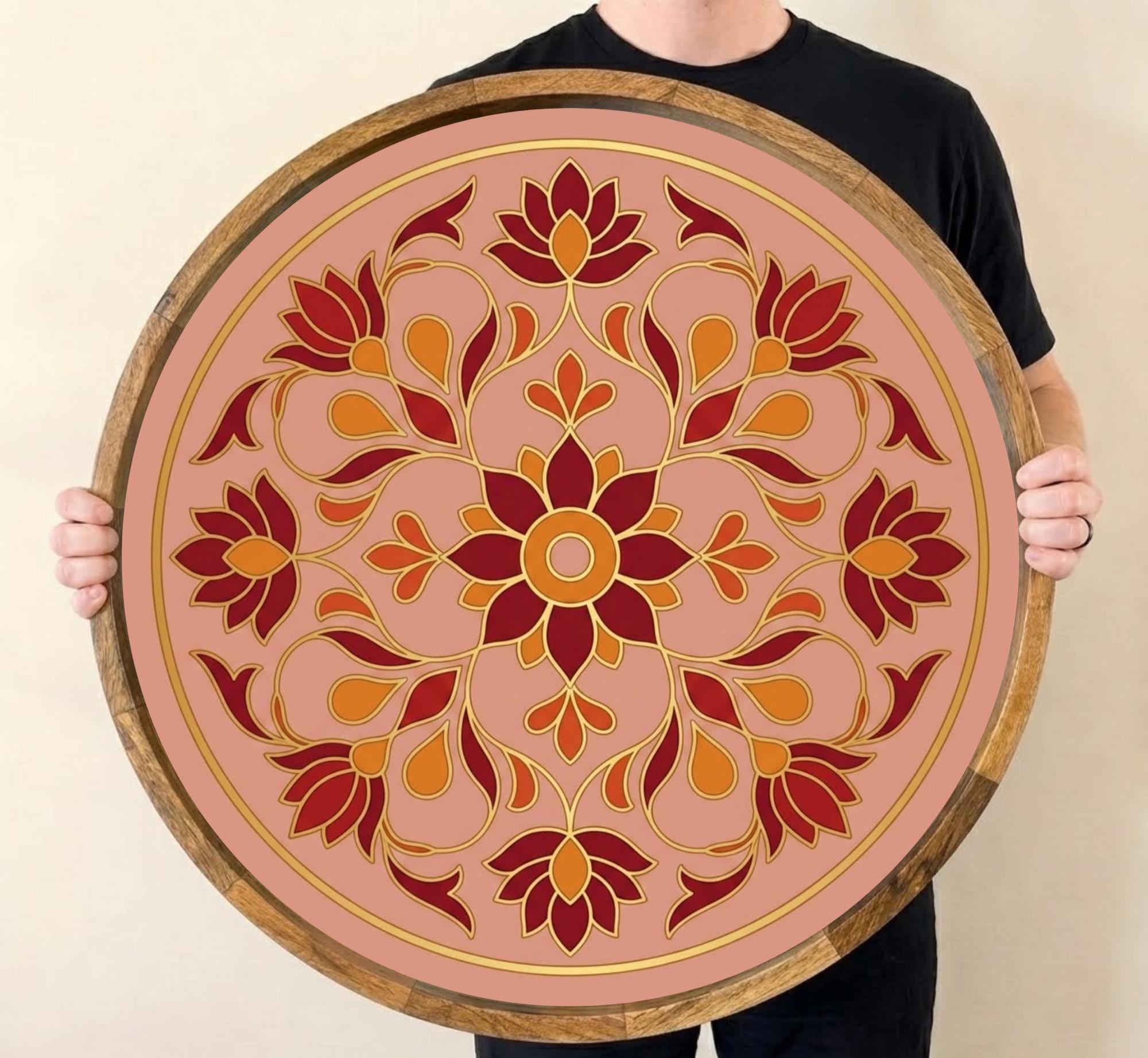 Pink Mandala Serving Tray | Floral Mango Wood Coffee Table Decor