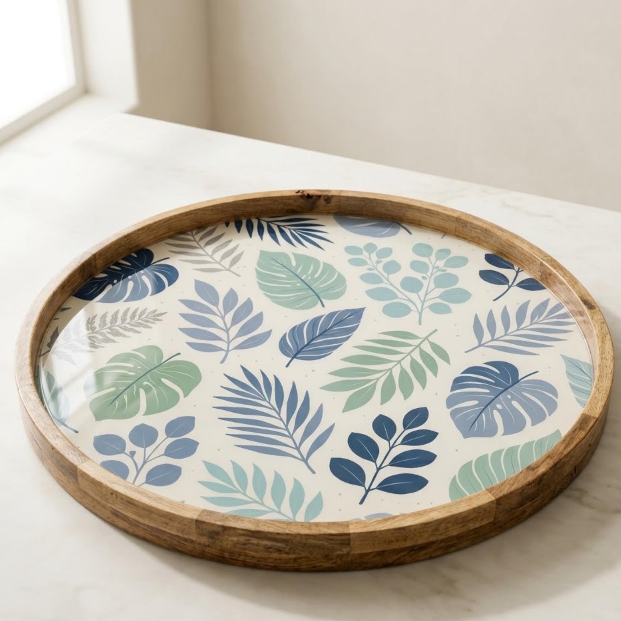 Blue Leaf Wooden Tray Printed | Mango Wood Round Tea Serving Decor
