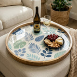 Blue Leaf Wooden Tray Printed | Mango Wood Round Tea Serving Decor