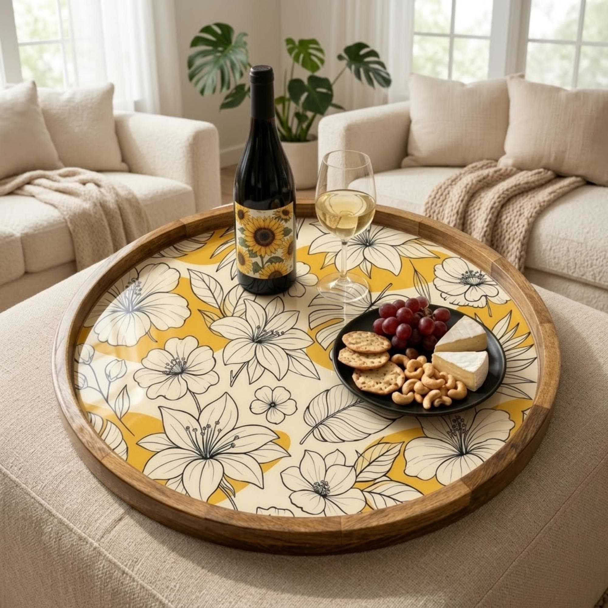 Yellow Floral Wooden Tray Printed | Mango Wood Round Tea Serving Decor