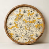 Yellow Floral Wooden Tray Printed | Mango Wood Round Tea Serving Decor