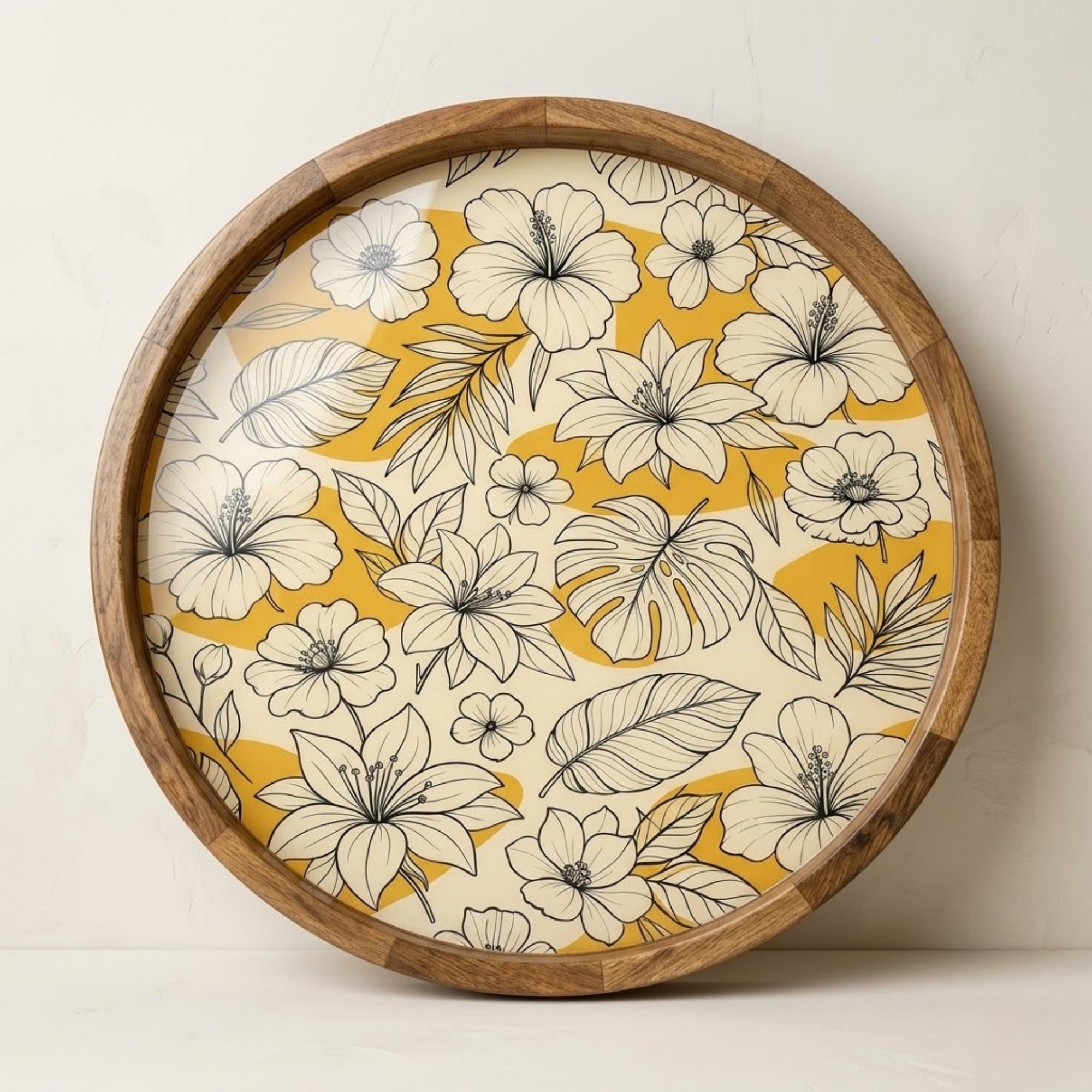 Yellow Floral Wooden Tray Printed | Mango Wood Round Tea Serving Decor