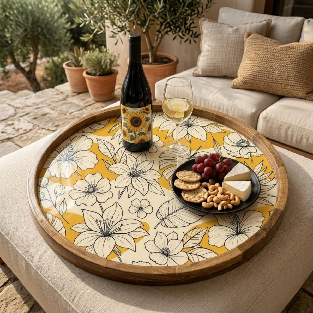 Yellow Floral Wooden Tray Printed | Mango Wood Round Tea Serving Decor