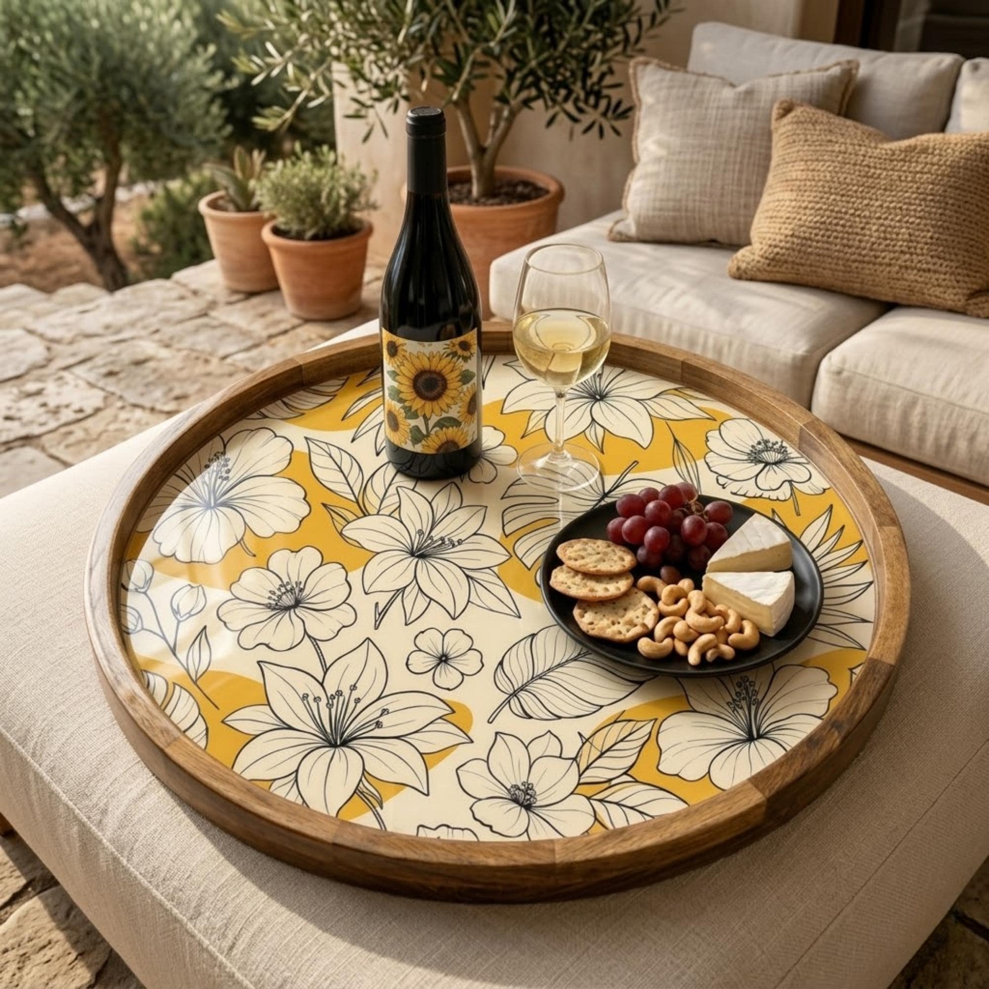 Yellow Floral Wooden Tray Printed | Mango Wood Round Tea Serving Decor