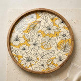 Yellow Floral Wooden Tray Printed | Mango Wood Round Tea Serving Decor