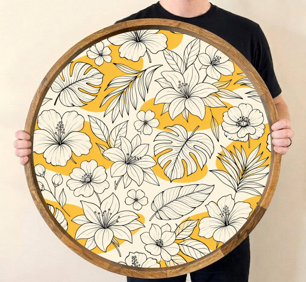Yellow Floral Wooden Tray Printed | Mango Wood Round Tea Serving Decor