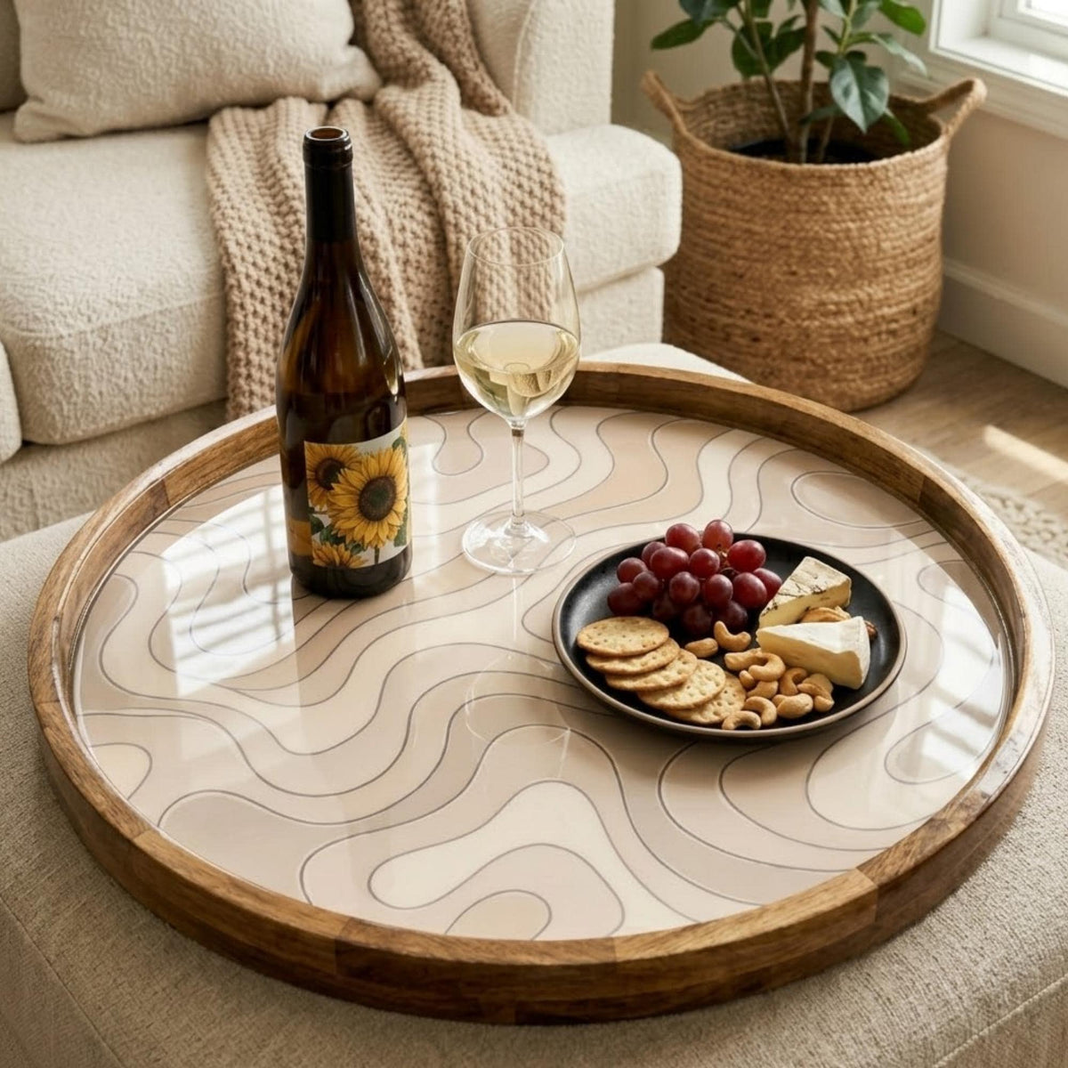 Abstract Wooden Tray Printed | Mango Wood Round Tea Serving Decor