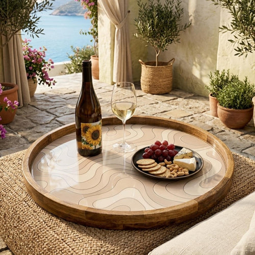 Abstract Wooden Tray Printed | Mango Wood Round Tea Serving Decor