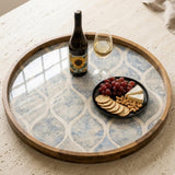 Blue Pattern Wooden Tray Printed | Mango Wood Round Tea Serving Decor