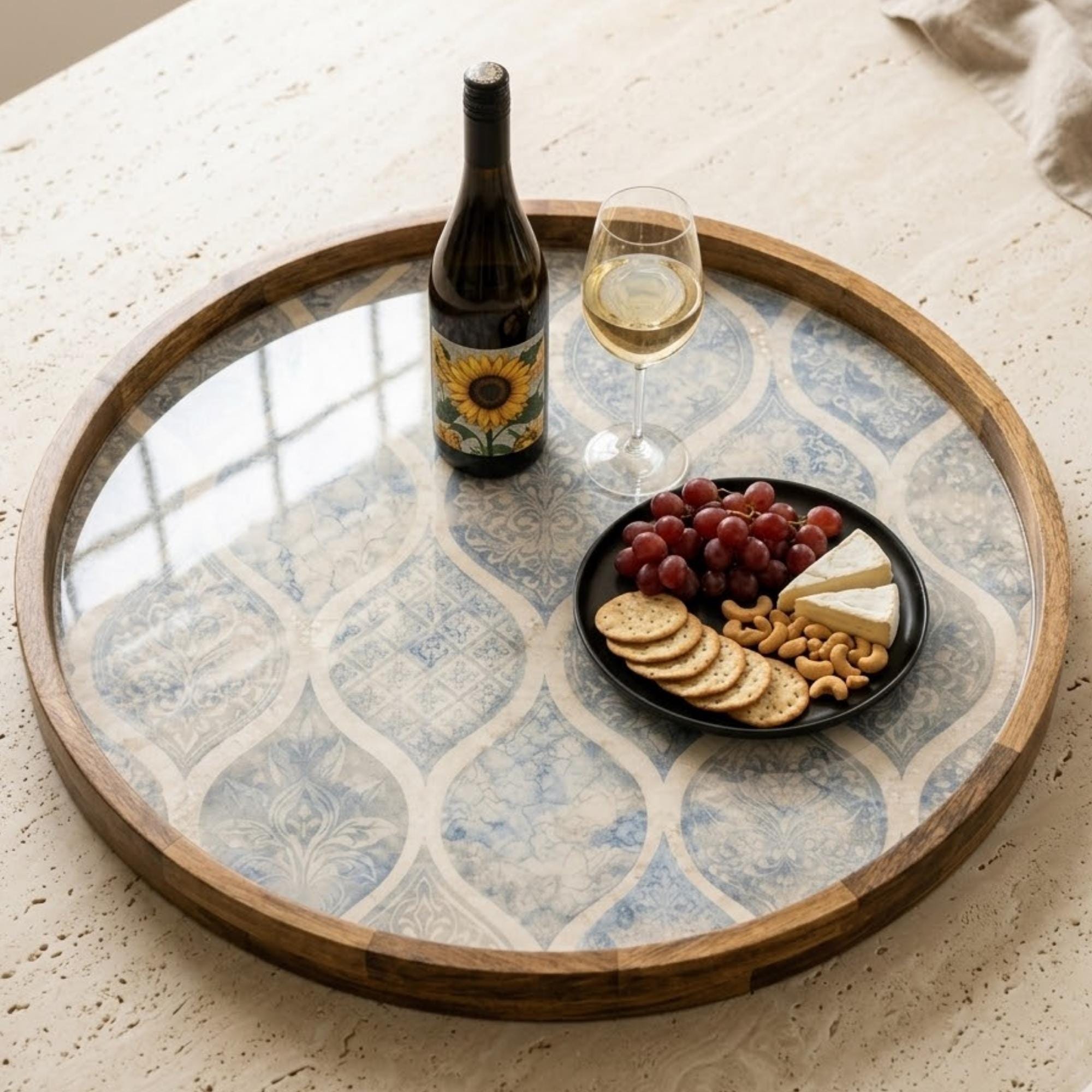 Blue Pattern Wooden Tray Printed | Mango Wood Round Tea Serving Decor