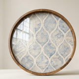 Blue Pattern Wooden Tray Printed | Mango Wood Round Tea Serving Decor