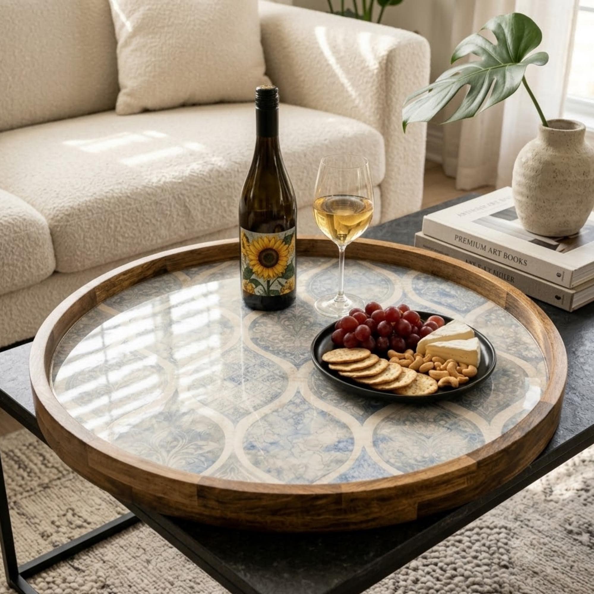 Blue Pattern Wooden Tray Printed | Mango Wood Round Tea Serving Decor