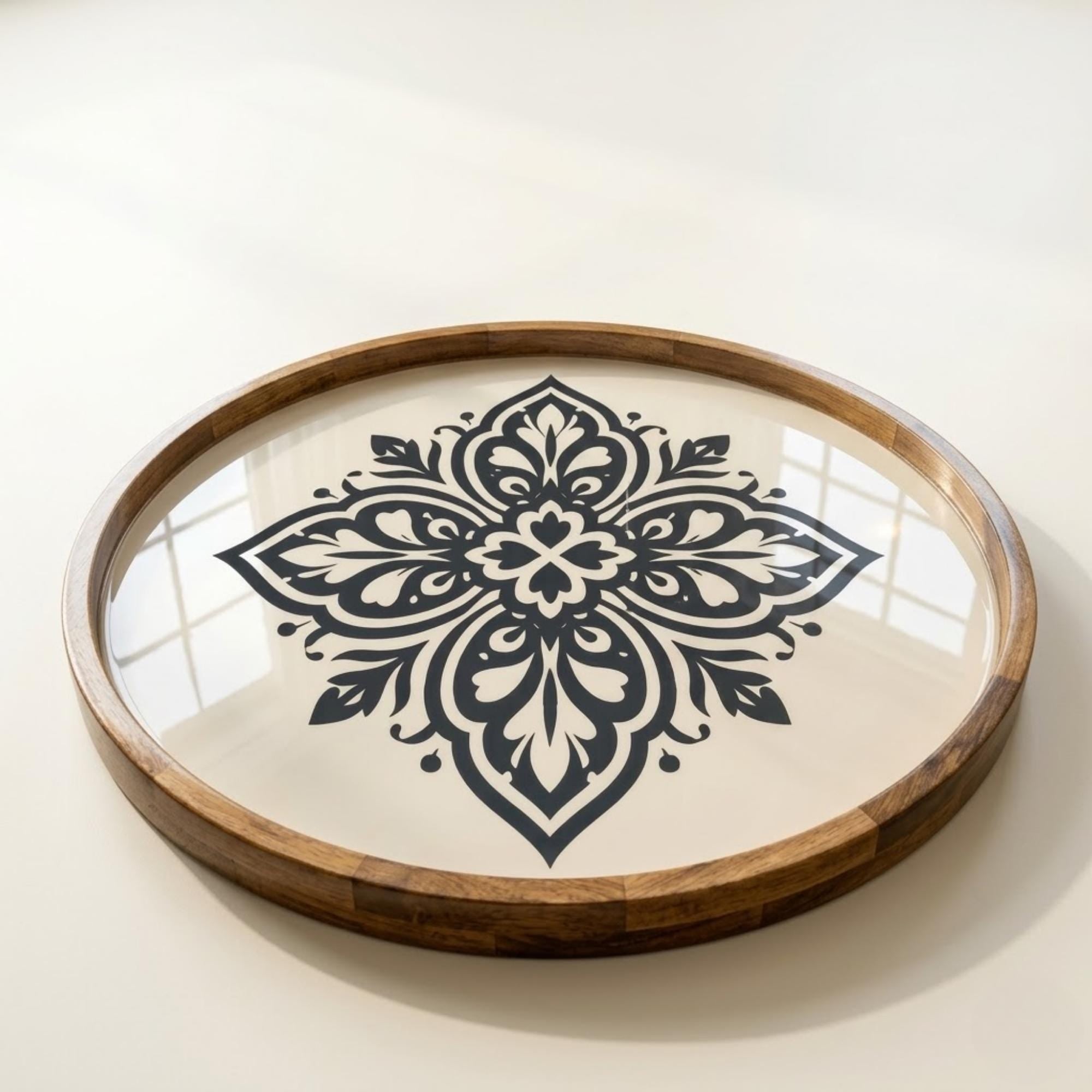 Black Mandala Wooden Tray Printed | Mango Wood Round Tea Serving Decor