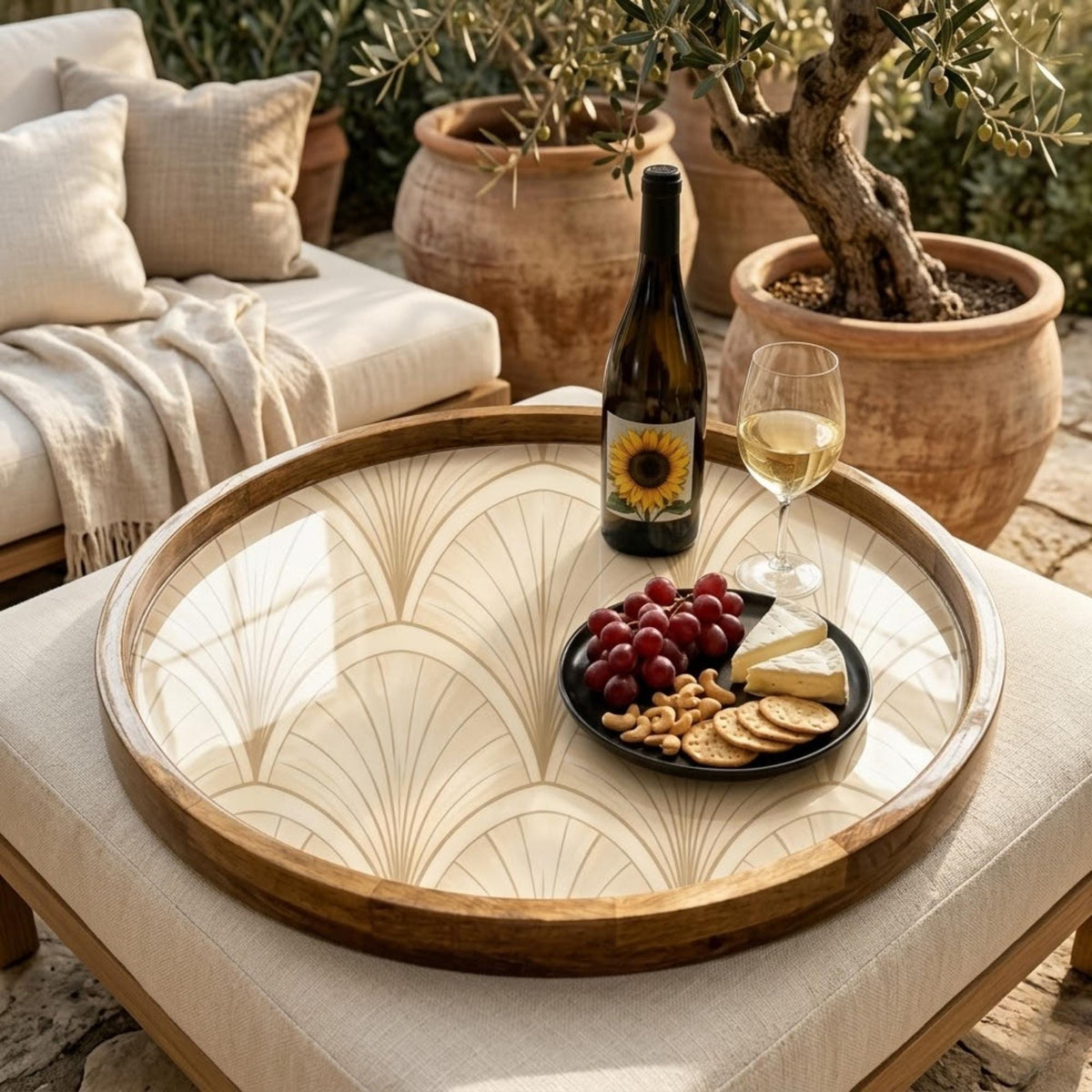 Art Deco Mango Wood Serving Tray | Geometric Pattern Coffee Table Decor