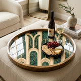 Handmade Mango Wood Art Deco Tray | Green Marble Geometric Arch Serving Dish