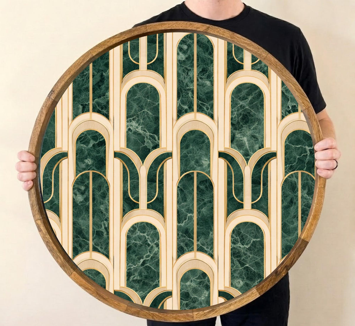 Handmade Mango Wood Art Deco Tray | Green Marble Geometric Arch Serving Dish