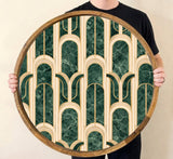 Handmade Mango Wood Art Deco Tray | Green Marble Geometric Arch Serving Dish